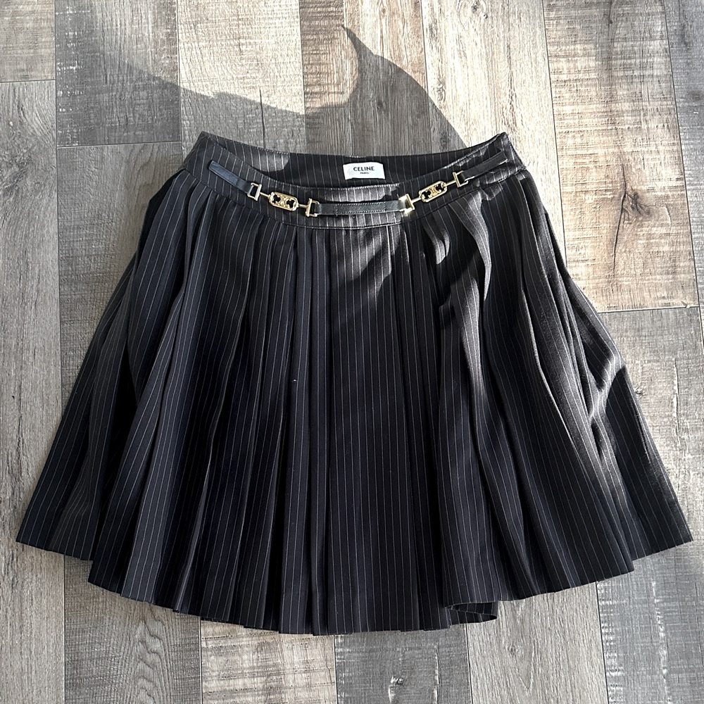 CELINE black pin stripe leather buckle + gold logo attached belt mini skirt 36